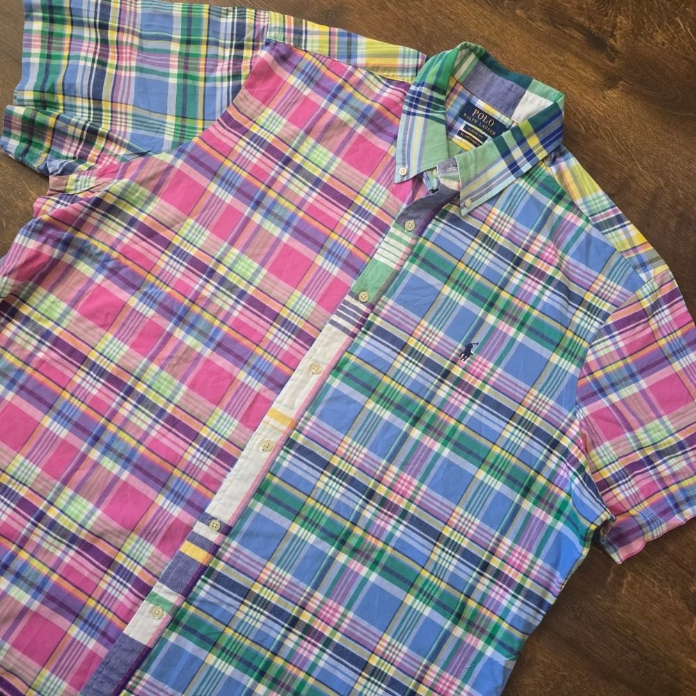Polo Ralph Lauren Mens XXL Fun Shirt Plaid Patchwork Short Sleeve Untucked Fit